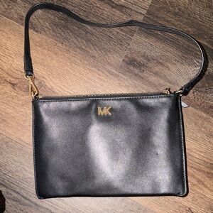Michael Kors Black Leather Crossbody Pouch with Gold MK Logo